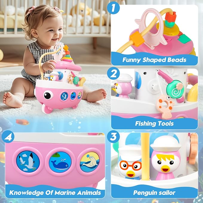 Love&Mini 9-in-1 Musical Crawling Baby Toy Boat – Interactive Montessori Activity Toy with Lights, Sounds, Fishing Game & Sensory Play, Pink, Ages 18+ Months - Toys with | Sold by Uncle Wiener's Wholesale