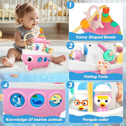 Love&Mini 9-in-1 Musical Crawling Baby Toy Boat – Interactive Montessori Activity Toy with Lights, Sounds, Fishing Game & Sensory Play, Pink, Ages 18+ Months - Toys with | Sold by Uncle Wiener's Wholesale