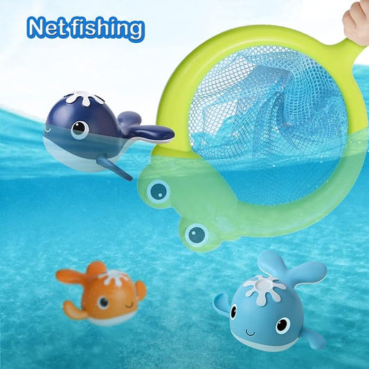 LOYUEGIYO Magnetic Fishing Bath Toy Set – 4 Wind-Up Swimming Whales, Fishing Rod & Frog Net for Toddlers 18 Months+ - Toys with | Sold by Uncle Wiener's Wholesale