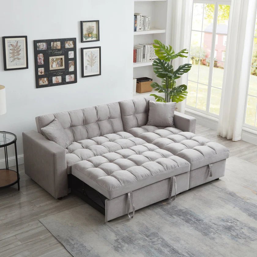 LUXURY PILLOW TOP VELVET SECTIONAL SOFA SLEEPER | REVERSIBLE CHAISE, PULL - OUT BED & STORAGE - with GRAY BT2480G | Sold by Uncle Wiener's Wholesale