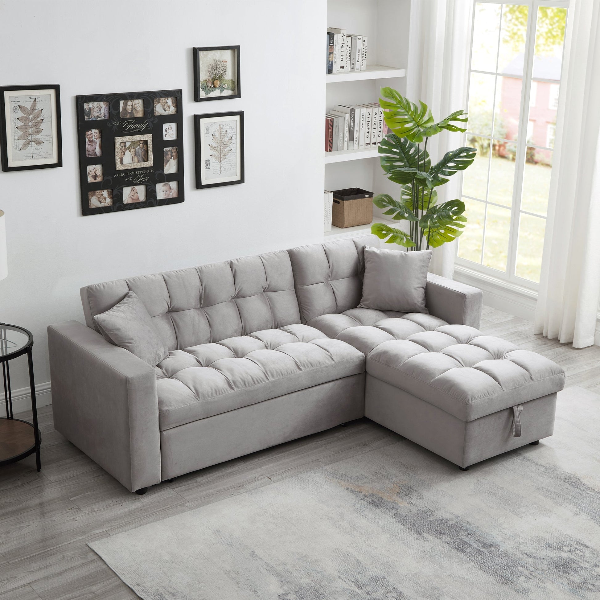 LUXURY PILLOW TOP VELVET SECTIONAL SOFA SLEEPER | REVERSIBLE CHAISE, PULL - OUT BED & STORAGE - with GRAY BT2480G | Sold by Uncle Wiener's Wholesale