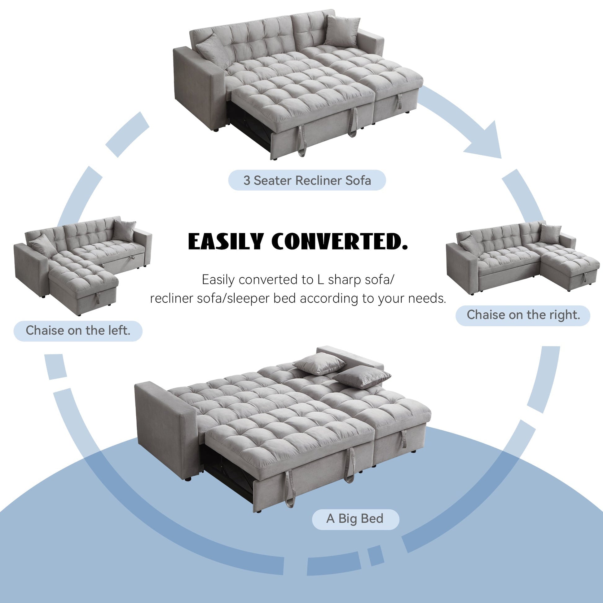 LUXURY PILLOW TOP VELVET SECTIONAL SOFA SLEEPER | REVERSIBLE CHAISE, PULL - OUT BED & STORAGE - with BLACK BT2480B | Sold by Uncle Wiener's Wholesale