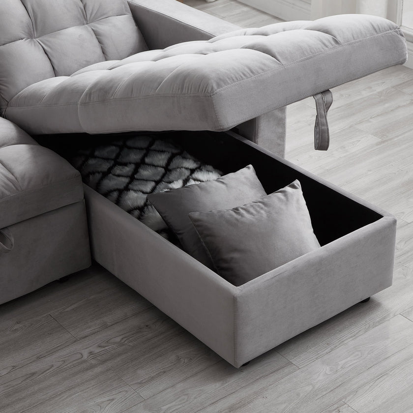 LUXURY PILLOW TOP VELVET SECTIONAL SOFA SLEEPER | REVERSIBLE CHAISE, PULL - OUT BED & STORAGE - with GRAY BT2480G | Sold by Uncle Wiener's Wholesale