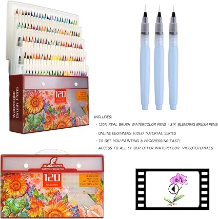 MAIKEDEPOT Watercolor Brush Pens Set of 48 Real Brush Markers with 2 Water Brushes - Markers with | Sold by Uncle Wiener's Wholesale