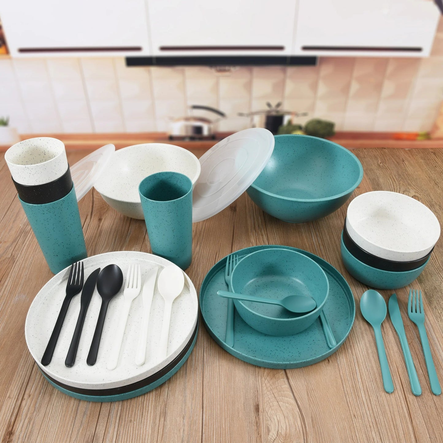 Mainstays 28 - Piece Eco - Friendly Recycled Plastic Dinnerware Set – Service for 4 849434028484 - with | Sold by Uncle Wiener's Wholesale