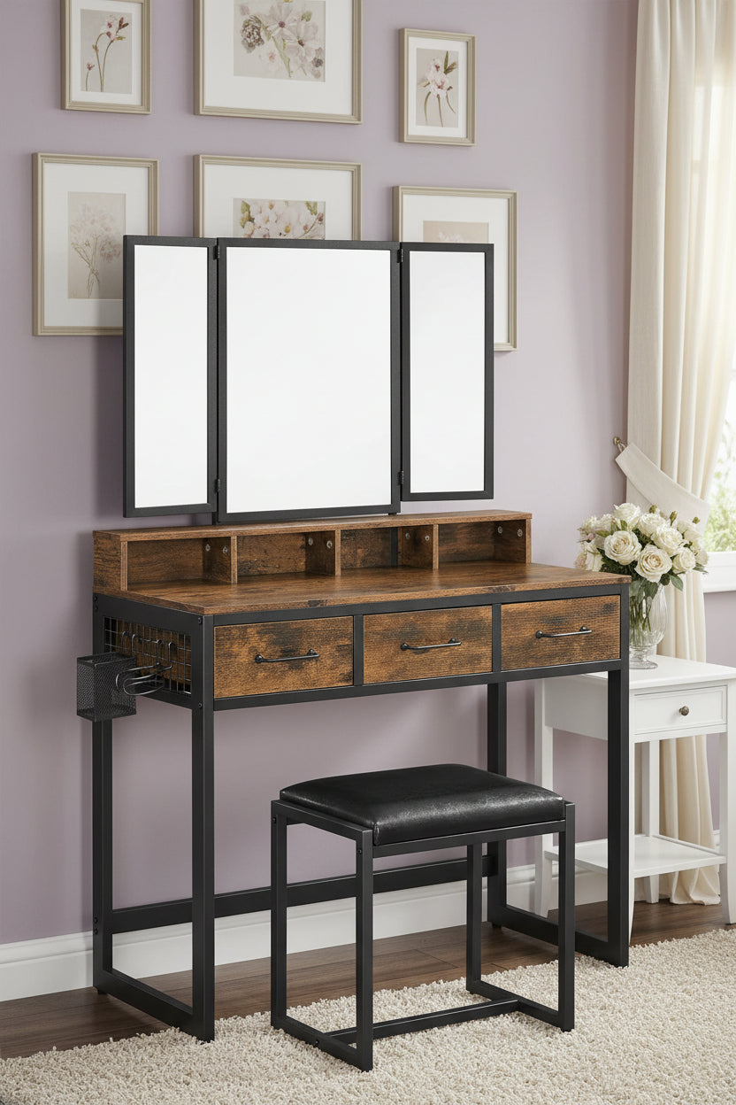 Makeup Vanity Dressing Table with Tri - Fold Mirror & Storage + Stool – S1324 - with | Sold by Uncle Wiener's Wholesale