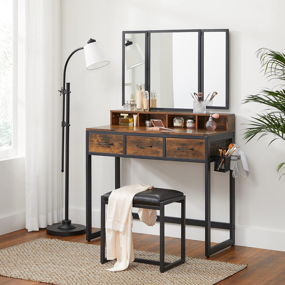Makeup Vanity Dressing Table with Tri-Fold Mirror & Storage + Stool ...