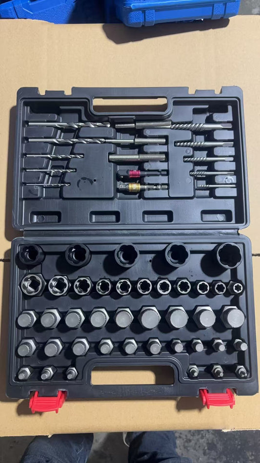 56pc extractor set in case with nut, bolt, and screw removal tools

Close-up of carbon steel bolt extractor bits

Professional-grade fastener removal tool kit for mechanics

Black hard case with full set of extractors and bits

ETMB05 extractor kit with organized foam insert