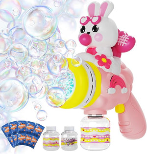 Max & Deril Pink Bunny Bubble Machine Gun – LED Automatic Bubble Blaster with 2 Bubble Solution Bottles & Stickers for Kids Ages 3–6