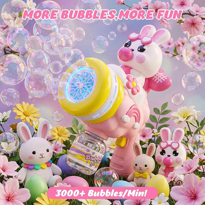 Max & Deril Pink Bunny Bubble Machine Gun – LED Automatic Bubble Blaster with 2 Bubble Solution Bottles & Stickers for Kids Ages 3–6 - Toys with | Sold by Uncle Wiener's Wholesale