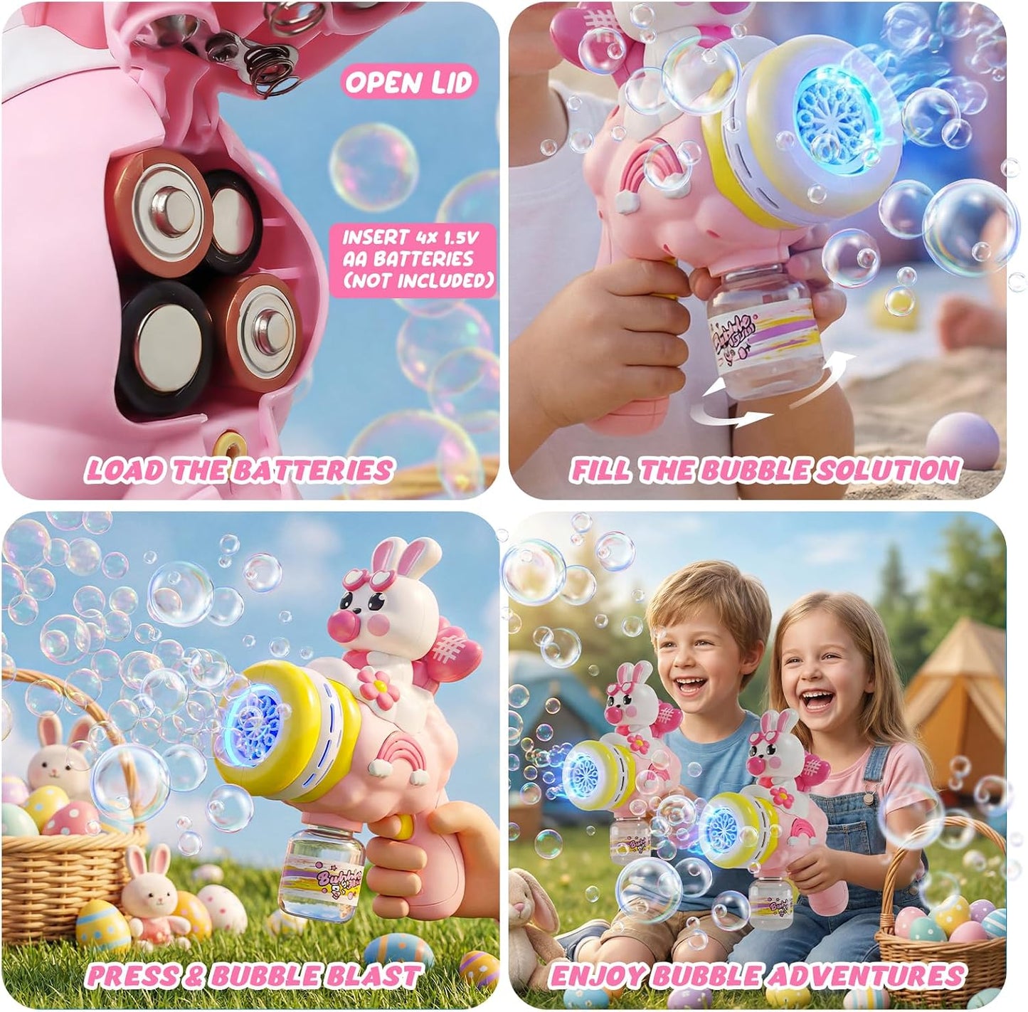 Max & Deril Pink Bunny Bubble Machine Gun – LED Automatic Bubble Blaster with 2 Bubble Solution Bottles & Stickers for Kids Ages 3–6 - Toys with | Sold by Uncle Wiener's Wholesale
