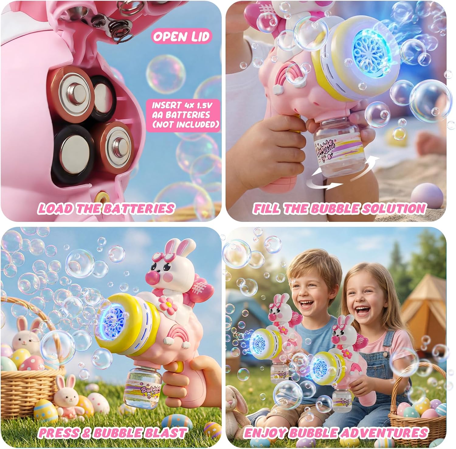 Max & Deril Pink Bunny Bubble Machine Gun – LED Automatic Bubble Blaster with 2 Bubble Solution Bottles & Stickers for Kids Ages 3–6 - Toys with | Sold by Uncle Wiener's Wholesale