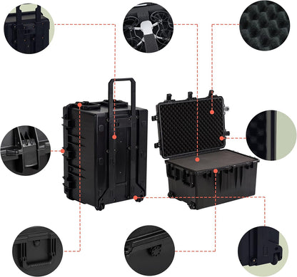 MEIJIA Portable All Weather Waterproof Camera Case,Customizable Fit Foam with Rolling Wheels and Retractable Pull Handle,33.25"X24.4"X19.3" - with | Sold by Uncle Wiener's Wholesale