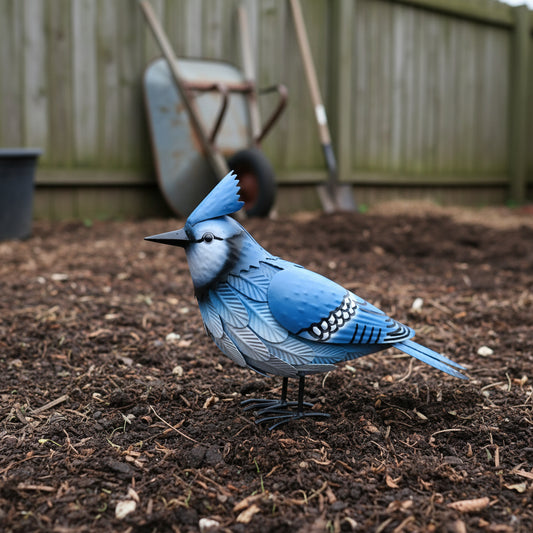 Red Cardinal Figurine: Red Metal Cardinal Garden Statue for Outdoor Yard Decoration

Blue Jay Figurine: Blue Metal Blue Jay Bird Sculpture – Outdoor Garden Art

Both Birds: Set of Metal Bird Yard Art Statues – Red Cardinal & Blue Jay

Close-ups: Close-Up View of Hand-Painted Outdoor Bird Figurines