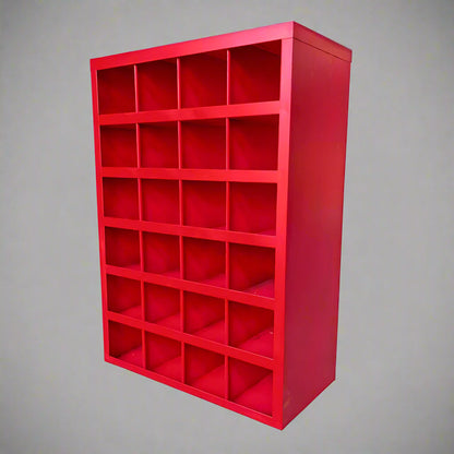 Steel bolt bin cabinet with 96 compartments – black

Red bolt organizer cabinet – front view

Side-by-side metal bin cabinets for hardware storage

Open hardware parts bins mounted on workshop wall

Heavy-duty steel bin rack for bolts and fasteners