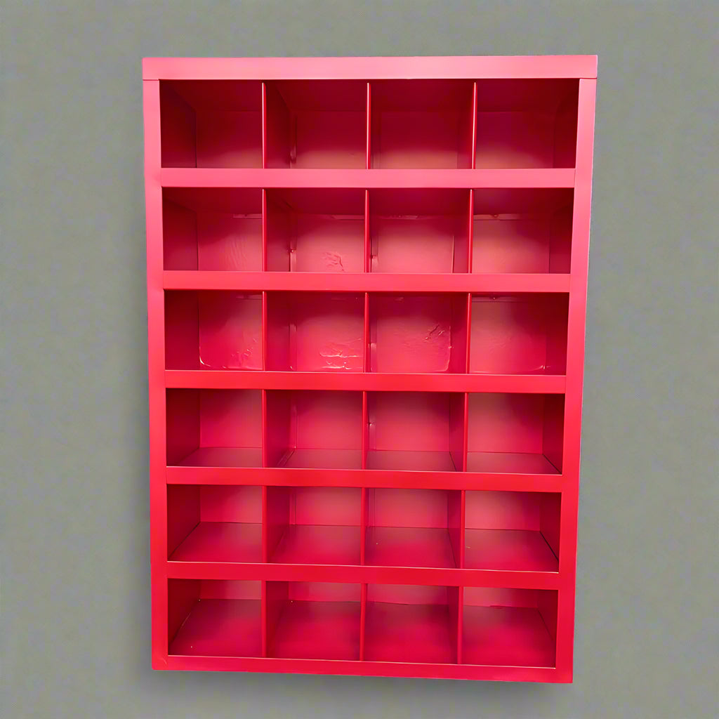 Steel bolt bin cabinet with 96 compartments – black

Red bolt organizer cabinet – front view

Side-by-side metal bin cabinets for hardware storage

Open hardware parts bins mounted on workshop wall

Heavy-duty steel bin rack for bolts and fasteners