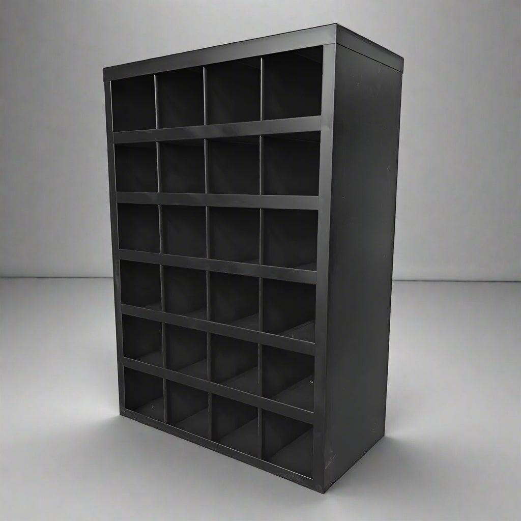 Steel bolt bin cabinet with 96 compartments – black

Red bolt organizer cabinet – front view

Side-by-side metal bin cabinets for hardware storage

Open hardware parts bins mounted on workshop wall

Heavy-duty steel bin rack for bolts and fasteners