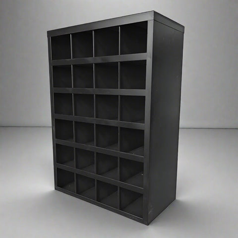 Steel bolt bin cabinet with 96 compartments – black

Red bolt organizer cabinet – front view

Side-by-side metal bin cabinets for hardware storage

Open hardware parts bins mounted on workshop wall

Heavy-duty steel bin rack for bolts and fasteners