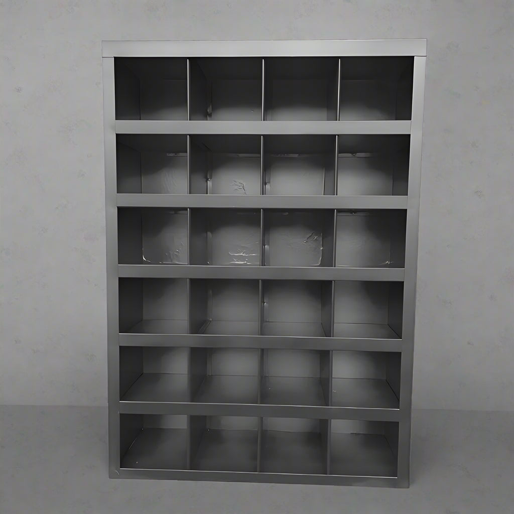 Steel bolt bin cabinet with 96 compartments – black

Red bolt organizer cabinet – front view

Side-by-side metal bin cabinets for hardware storage

Open hardware parts bins mounted on workshop wall

Heavy-duty steel bin rack for bolts and fasteners