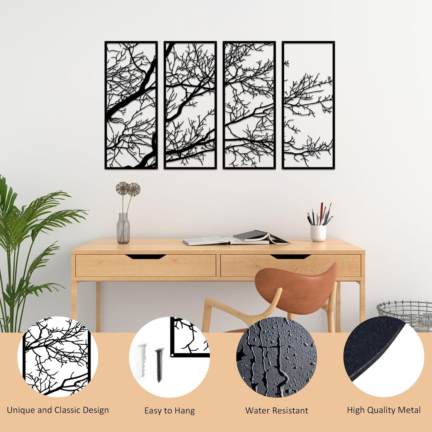Metal Wall Art & Garden Decor Collection – Floral, Bird, Tree Branch, Butterfly & Windmill Designs - with 4 - Piece Metal Tree Branch Wall Art Set – 43" × 22" | Sold by Uncle Wiener's Wholesale