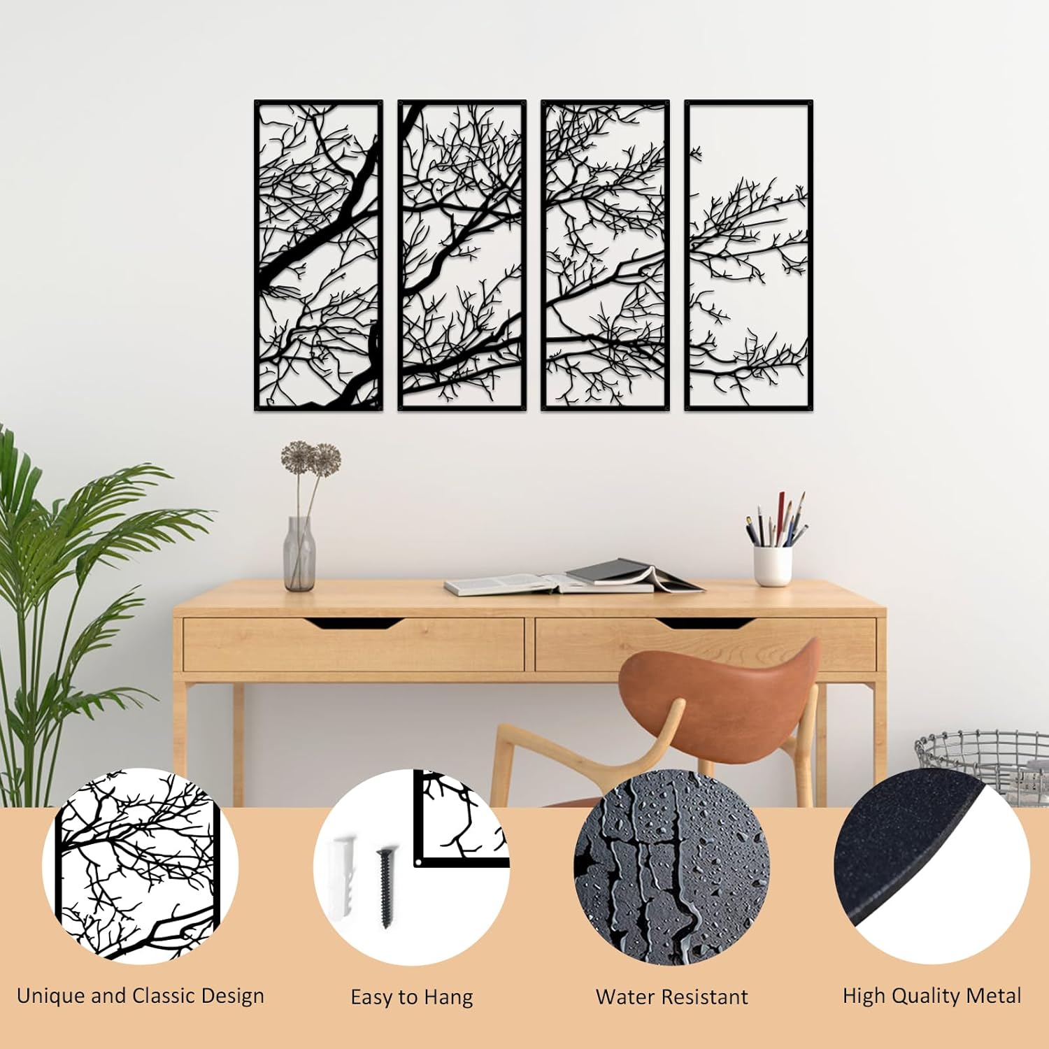 Metal Wall Art & Garden Decor Collection – Floral, Bird, Tree Branch, Butterfly & Windmill Designs - with 4 - Piece Metal Tree Branch Wall Art Set – 43" × 22" | Sold by Uncle Wiener's Wholesale