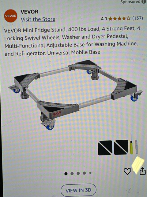 Mini fridge and washer stand with locking wheels and leveling feet
Adjustable appliance base for a 400 lbs load with 4 strong feet
Mobile pedestal for a mini refrigerator or washer in the laundry room
Heavy-duty appliance platform with 4 caster wheels and foot pads
Universal adjustable washer stand with anti-slip support