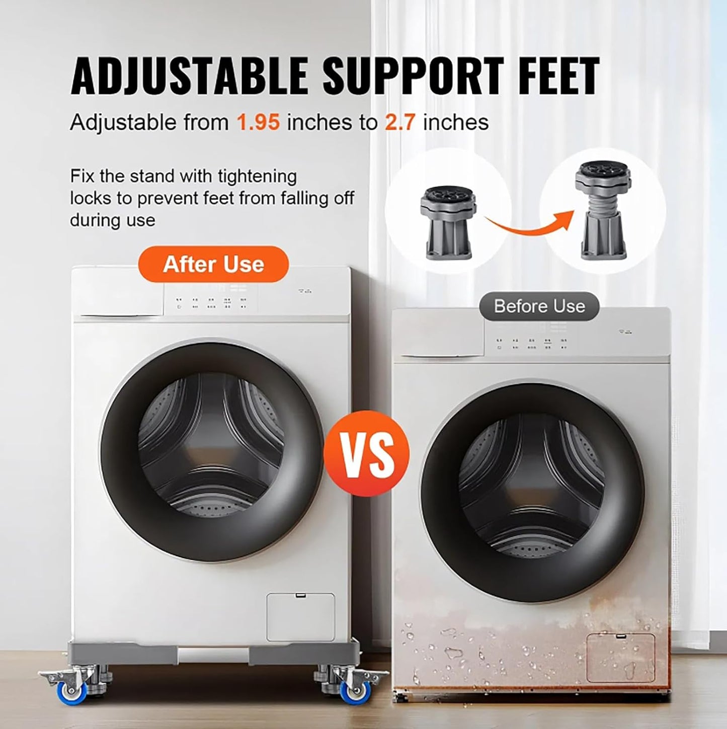 Mini fridge and washer stand with locking wheels and leveling feet
Adjustable appliance base for a 400 lbs load with 4 strong feet
Mobile pedestal for a mini refrigerator or washer in the laundry room
Heavy-duty appliance platform with 4 caster wheels and foot pads
Universal adjustable washer stand with anti-slip support