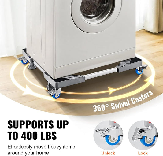Mini fridge and washer stand with locking wheels and leveling feet
Adjustable appliance base for a 400 lbs load with 4 strong feet
Mobile pedestal for a mini refrigerator or washer in the laundry room
Heavy-duty appliance platform with 4 caster wheels and foot pads
Universal adjustable washer stand with anti-slip support