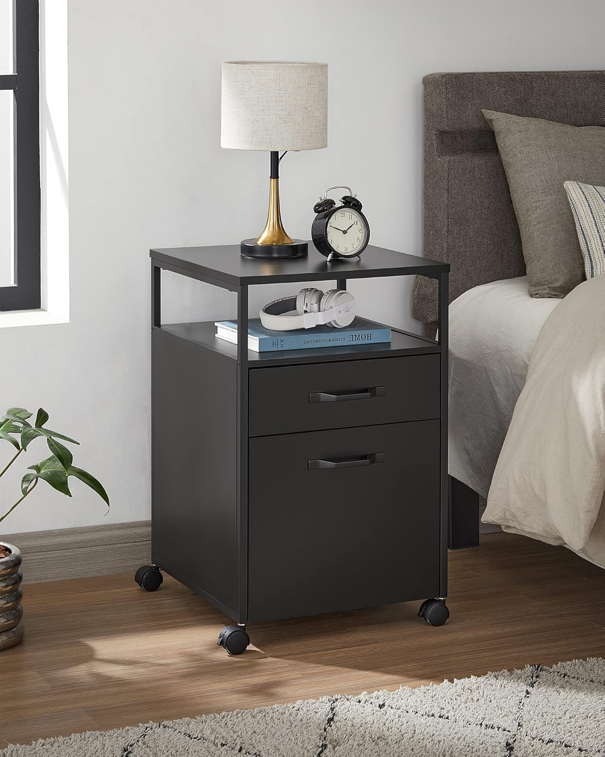 Mobile File Cabinet with 2 Drawers and Open Shelf, Rolling Filing Cabinet for A4 and Letter Size Documents, Printer Stand with Lockable Wheels OFC071 Series - with Ink Black | Sold by Uncle Wiener's Wholesale