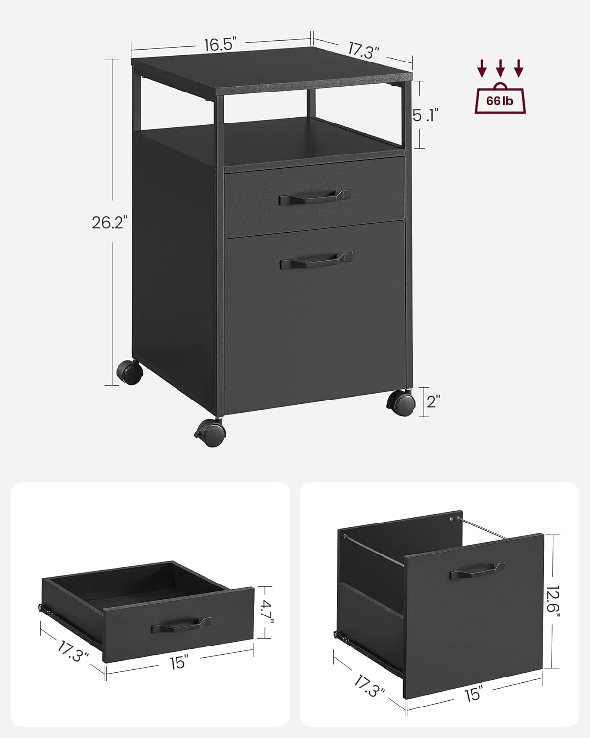 Mobile File Cabinet with 2 Drawers and Open Shelf, Rolling Filing Cabinet for A4 and Letter Size Documents, Printer Stand with Lockable Wheels OFC071 Series - with Ink Black | Sold by Uncle Wiener's Wholesale