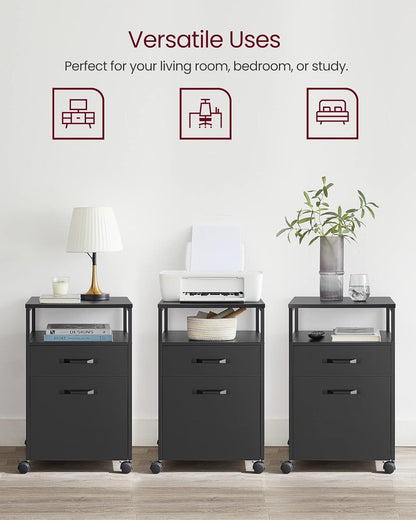 Mobile File Cabinet with 2 Drawers and Open Shelf, Rolling Filing Cabinet for A4 and Letter Size Documents, Printer Stand with Lockable Wheels OFC071 Series - with Ink Black | Sold by Uncle Wiener's Wholesale