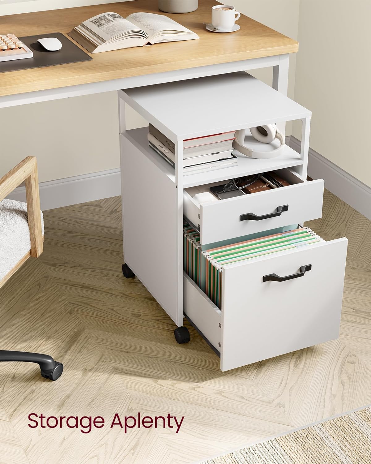 Mobile File Cabinet with 2 Drawers and Open Shelf, Rolling Filing Cabinet for A4 and Letter Size Documents, Printer Stand with Lockable Wheels OFC071 Series - with Ink Black | Sold by Uncle Wiener's Wholesale