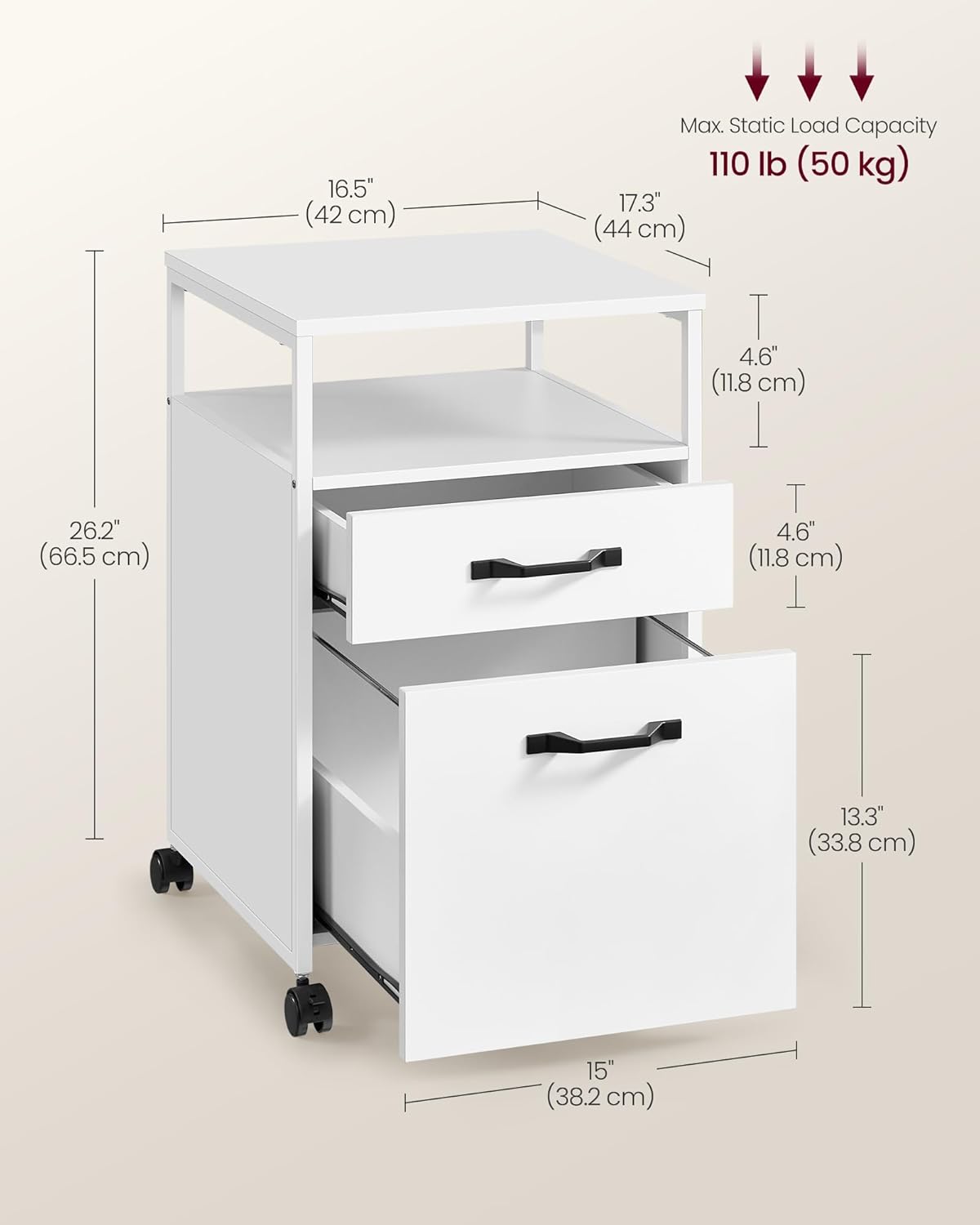 Mobile File Cabinet with 2 Drawers and Open Shelf, Rolling Filing Cabinet for A4 and Letter Size Documents, Printer Stand with Lockable Wheels OFC071 Series - with Ink Black | Sold by Uncle Wiener's Wholesale