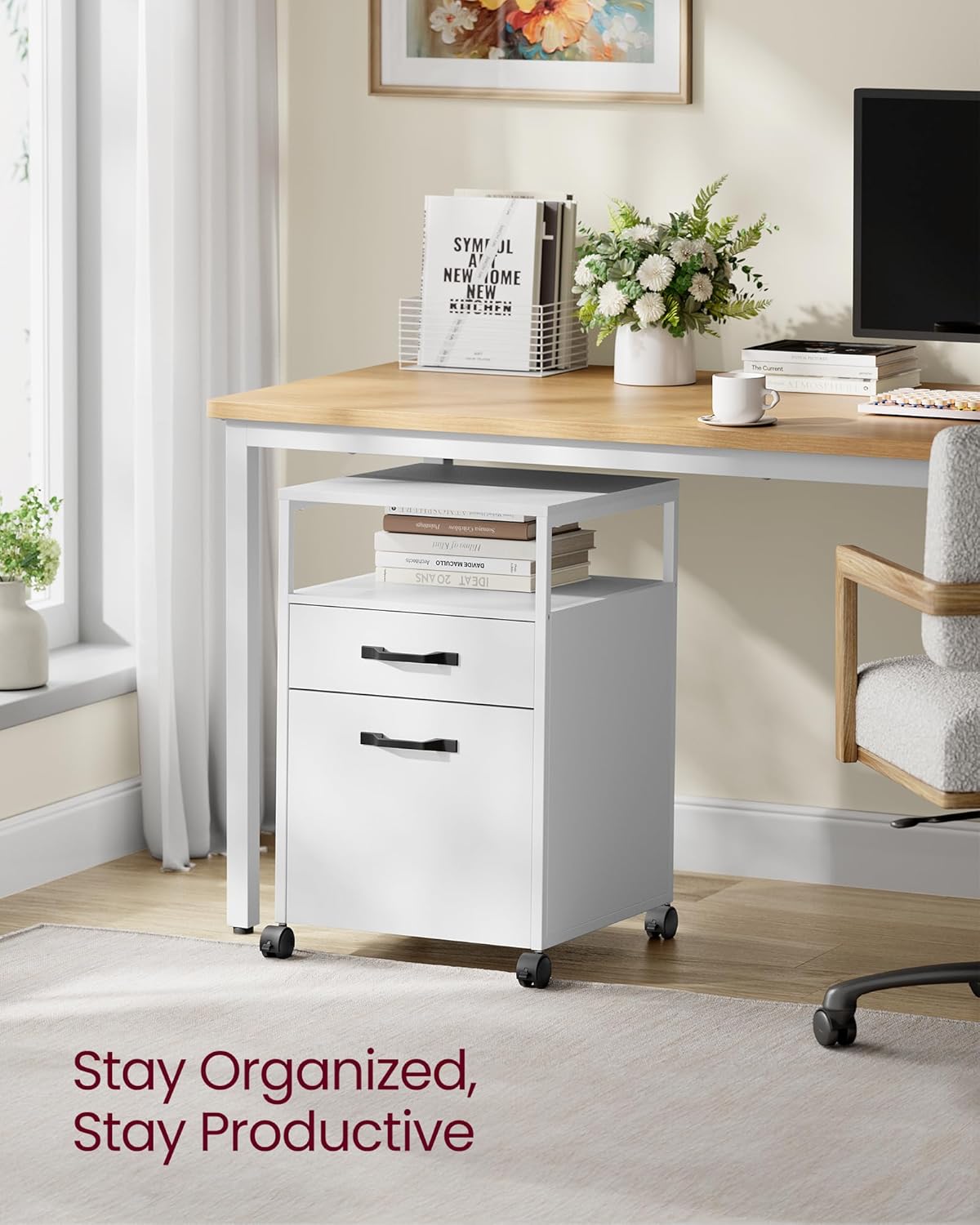 Mobile File Cabinet with 2 Drawers and Open Shelf, Rolling Filing Cabinet for A4 and Letter Size Documents, Printer Stand with Lockable Wheels OFC071 Series - with Ink Black | Sold by Uncle Wiener's Wholesale