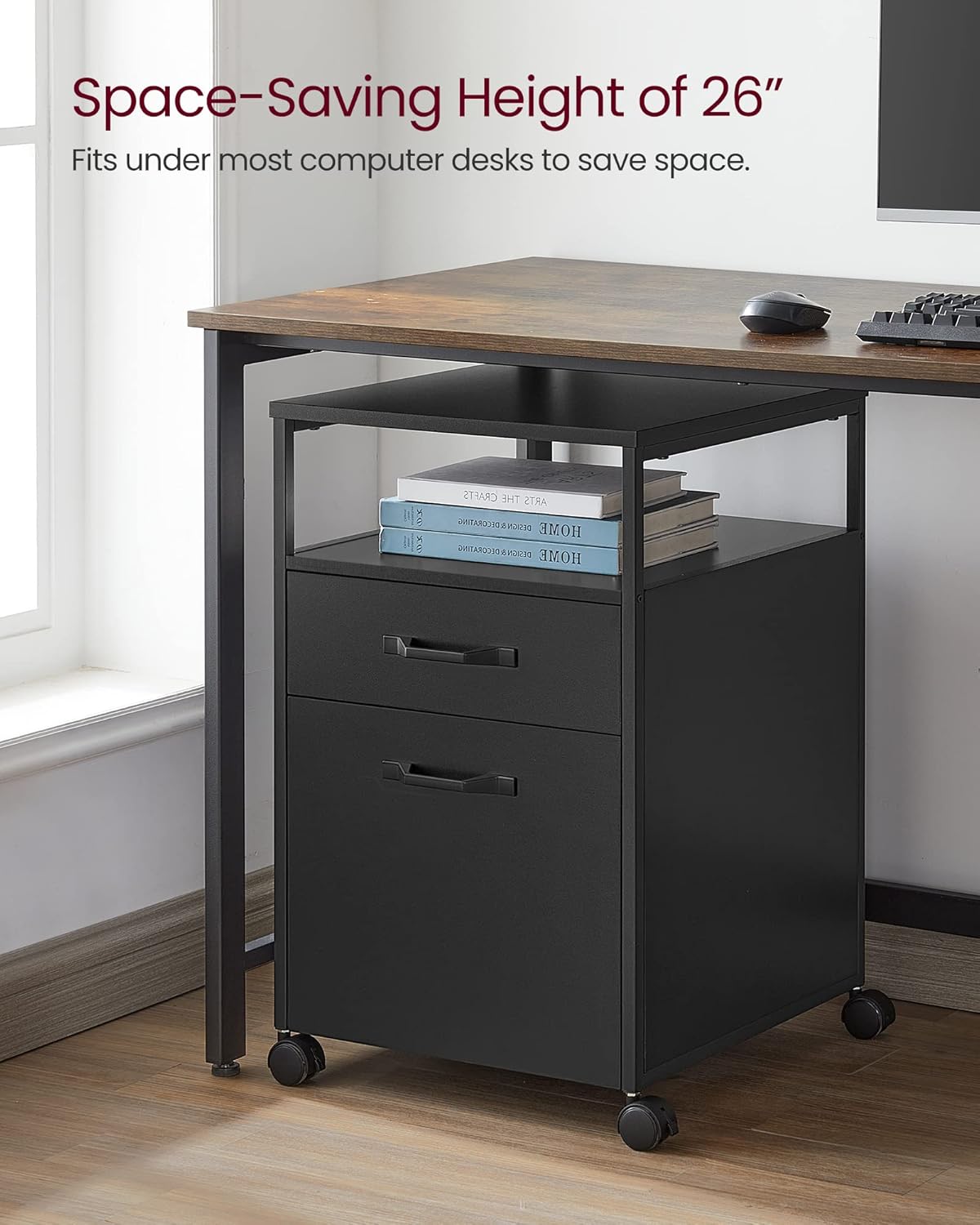 Mobile File Cabinet with 2 Drawers and Open Shelf, Rolling Filing Cabinet for A4 and Letter Size Documents, Printer Stand with Lockable Wheels OFC071 Series - with Ink Black | Sold by Uncle Wiener's Wholesale