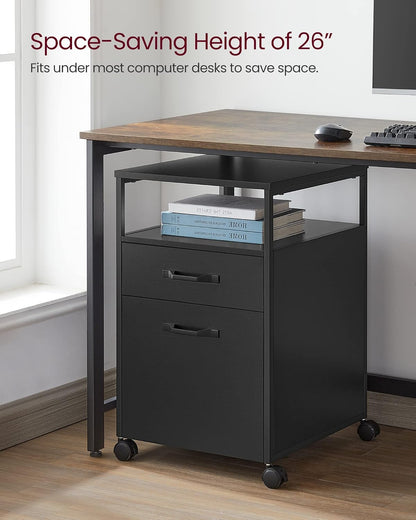 Mobile File Cabinet with 2 Drawers and Open Shelf, Rolling Filing Cabinet for A4 and Letter Size Documents, Printer Stand with Lockable Wheels OFC071 Series - with Ink Black | Sold by Uncle Wiener's Wholesale