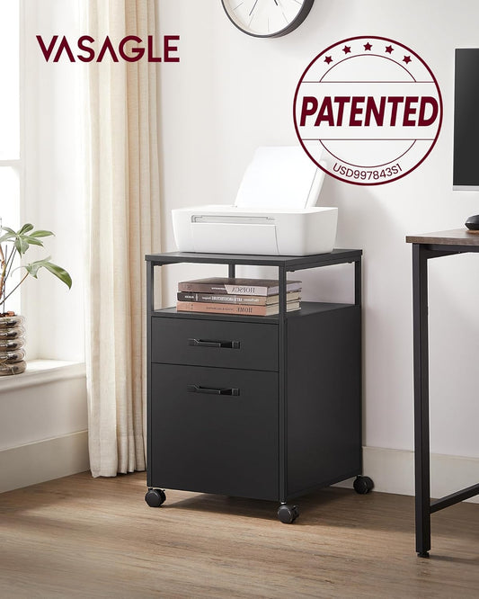 Mobile File Cabinet with 2 Drawers and Open Shelf, Rolling Filing Cabinet for A4 and Letter Size Documents, Printer Stand with Lockable Wheels OFC071 Series - with Ink Black | Sold by Uncle Wiener's Wholesale