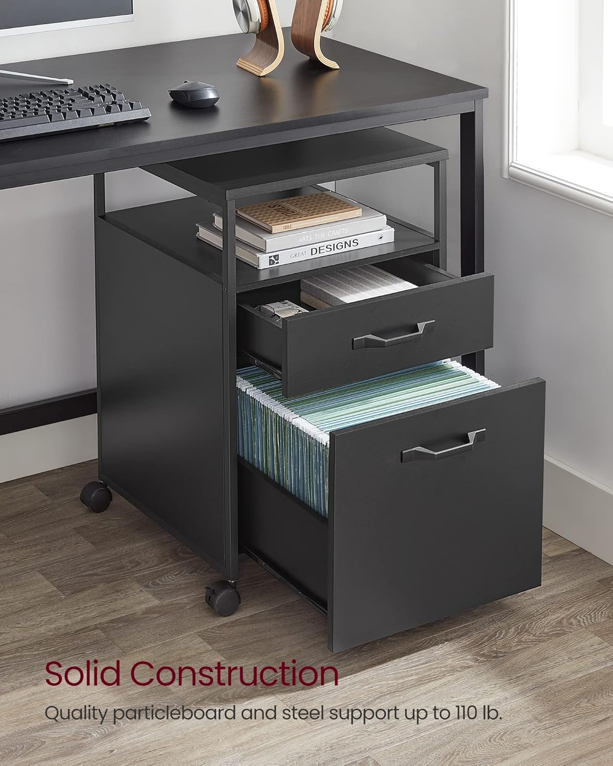 Mobile File Cabinet with 2 Drawers and Open Shelf, Rolling Filing Cabinet for A4 and Letter Size Documents, Printer Stand with Lockable Wheels OFC071 Series - with Ink Black | Sold by Uncle Wiener's Wholesale