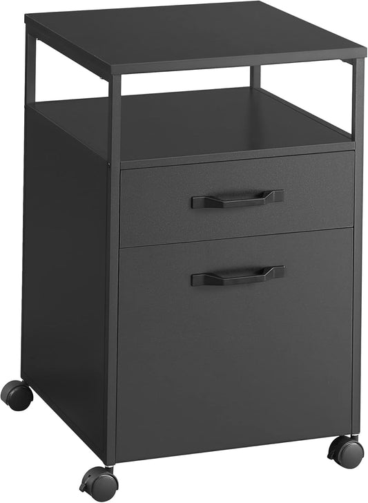 Mobile File Cabinet with 2 Drawers and Open Shelf, Rolling Filing Cabinet for A4 and Letter Size Documents, Printer Stand with Lockable Wheels OFC071 Series - with Ink Black | Sold by Uncle Wiener's Wholesale