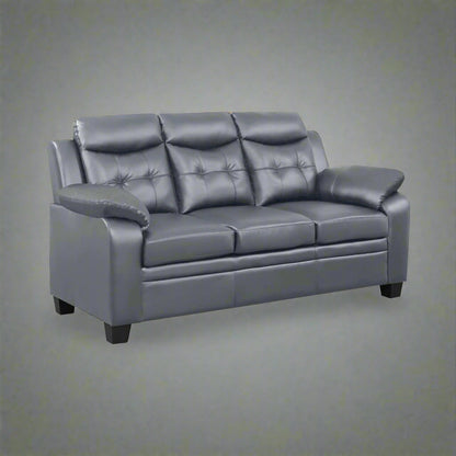 “Black leatherette 3-piece sofa set in modern living room”
“Gray leatherette sofa with tufted backrest and armrests”
“1-seater armchair in black leatherette with plush cushion”
“3-seater tufted leatherette couch in gray finish”
“Modern 3-piece sofa set including sofa, loveseat, and armchair”