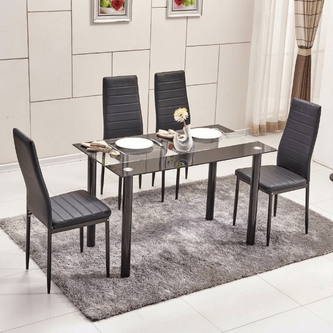 Modern Black & White Dining Set – Tempered Glass Table with 6 PVC Leather Chairs - Furniture with BLACK TEMPERED GLASS DINING TABLE DA154B | Sold by Uncle Wiener's Wholesale