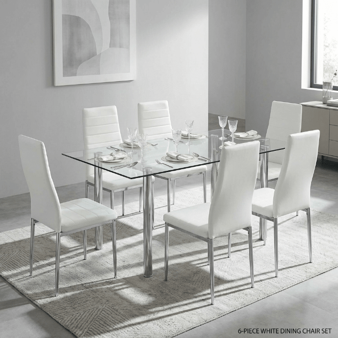 Modern Black & White Dining Set – Tempered Glass Table with 6 PVC Leather Chairs - Furniture with 6 PCS WHITE DINING CHAIR SET DA258W | Sold by Uncle Wiener's Wholesale