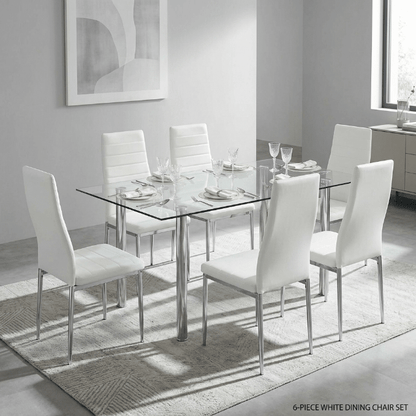 Modern Black & White Dining Set – Tempered Glass Table with 6 PVC Leather Chairs - Furniture with 6 PCS WHITE DINING CHAIR SET DA258W | Sold by Uncle Wiener's Wholesale