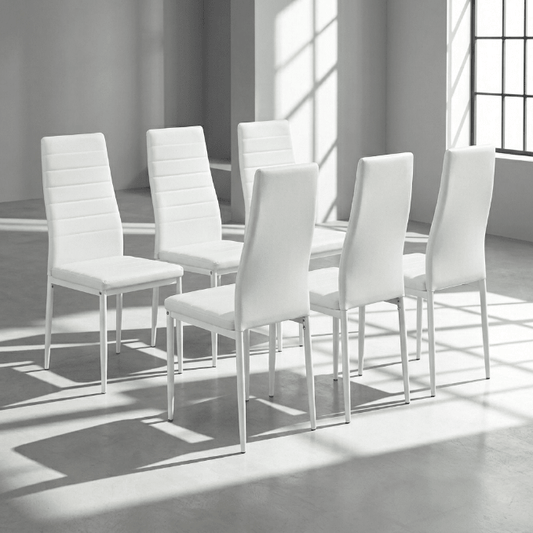Modern Black & White Dining Set – Tempered Glass Table with 6 PVC Leather Chairs - Furniture with 6 PCS WHITE DINING CHAIR SET DA258W | Sold by Uncle Wiener's Wholesale