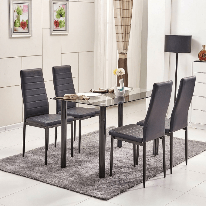 Modern Black & White Dining Set – Tempered Glass Table with 6 PVC Leather Chairs - Furniture with BLACK TEMPERED GLASS DINING TABLE DA154B | Sold by Uncle Wiener's Wholesale