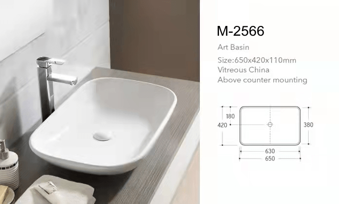 Modern countertop bathroom sink basin in white ceramic
Above counter square vessel sink installed on wooden vanity
Bathroom vanity bowl with chrome faucet and soap dispenser
Dimensions of square countertop sink with standard drain hole
Side and top view of glossy white vessel sink for powder room