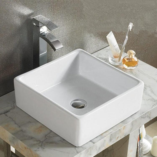 Modern countertop bathroom sink basin in white ceramic
Above counter square vessel sink installed on wooden vanity
Bathroom vanity bowl with chrome faucet and soap dispenser
Dimensions of square countertop sink with standard drain hole
Side and top view of glossy white vessel sink for powder room