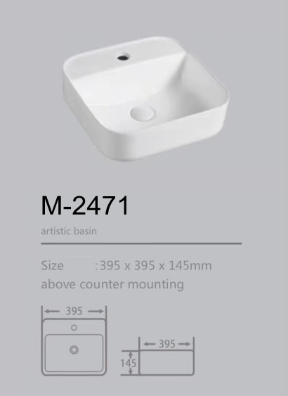 Modern countertop bathroom sink basin in white ceramic
Above counter square vessel sink installed on wooden vanity
Bathroom vanity bowl with chrome faucet and soap dispenser
Dimensions of square countertop sink with standard drain hole
Side and top view of glossy white vessel sink for powder room