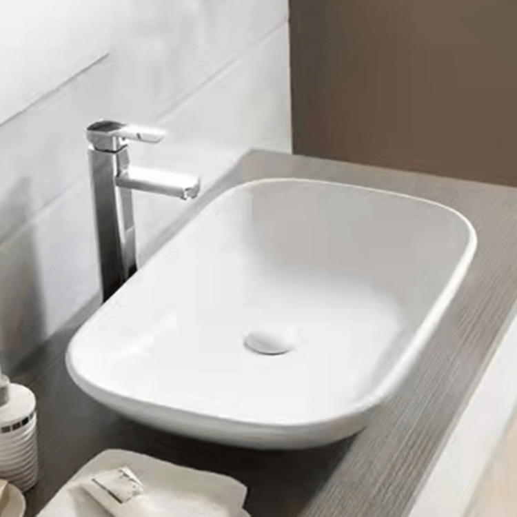Modern countertop bathroom sink basin in white ceramic
Above counter square vessel sink installed on wooden vanity
Bathroom vanity bowl with chrome faucet and soap dispenser
Dimensions of square countertop sink with standard drain hole
Side and top view of glossy white vessel sink for powder room