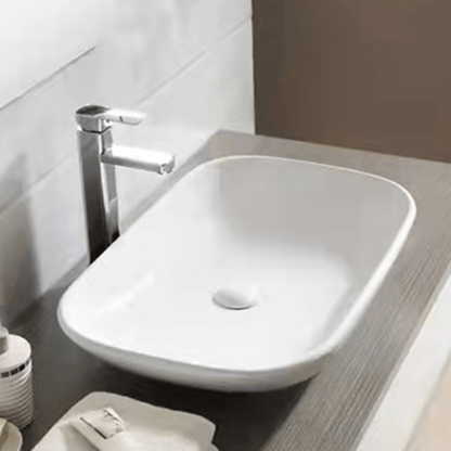 Modern countertop bathroom sink basin in white ceramic
Above counter square vessel sink installed on wooden vanity
Bathroom vanity bowl with chrome faucet and soap dispenser
Dimensions of square countertop sink with standard drain hole
Side and top view of glossy white vessel sink for powder room